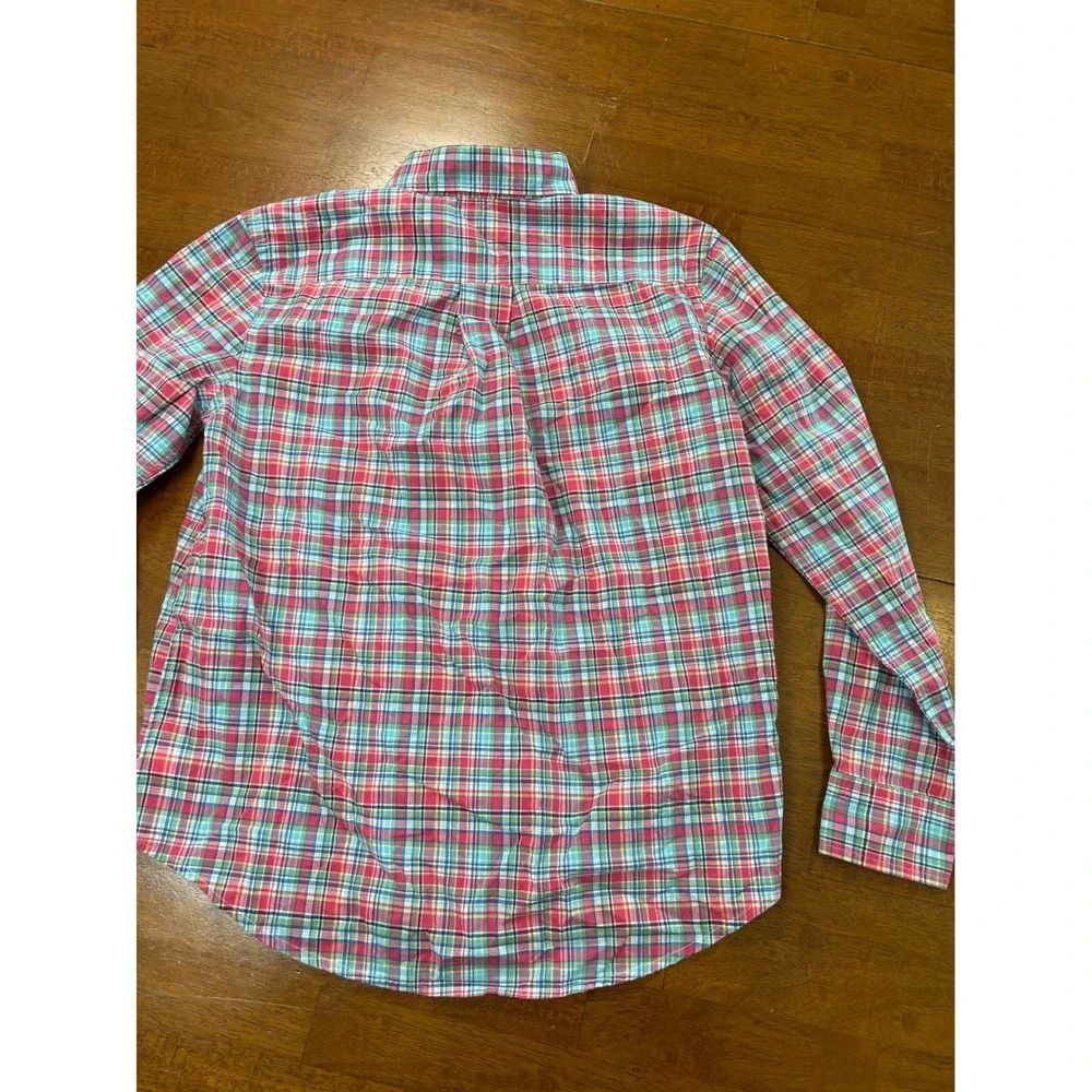 Ralph Lauren Button Down Shirt Boys M 10-12 Red Blue Plaid Natural Stretch